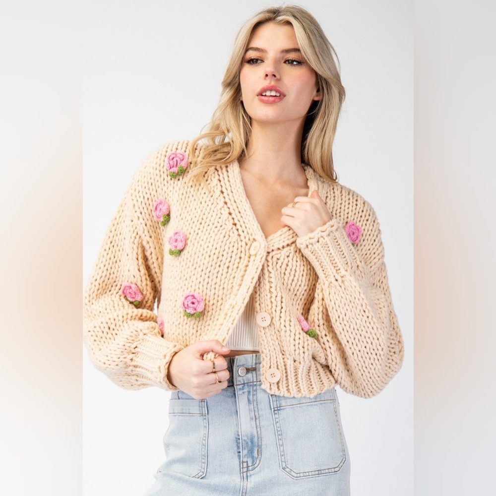 3D Rose Knit Cropped Sweater Cardigan - eesome